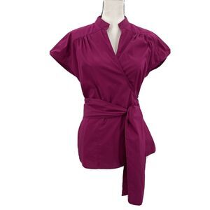 Y2K Worthington Magenta Wrap Blouse Sz L  Stretch Full Bow Jewel Tone